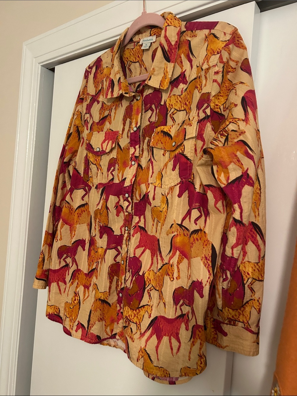 Sundance Horse-Print Button Front Shirt in Tan, Mustard & Magenta